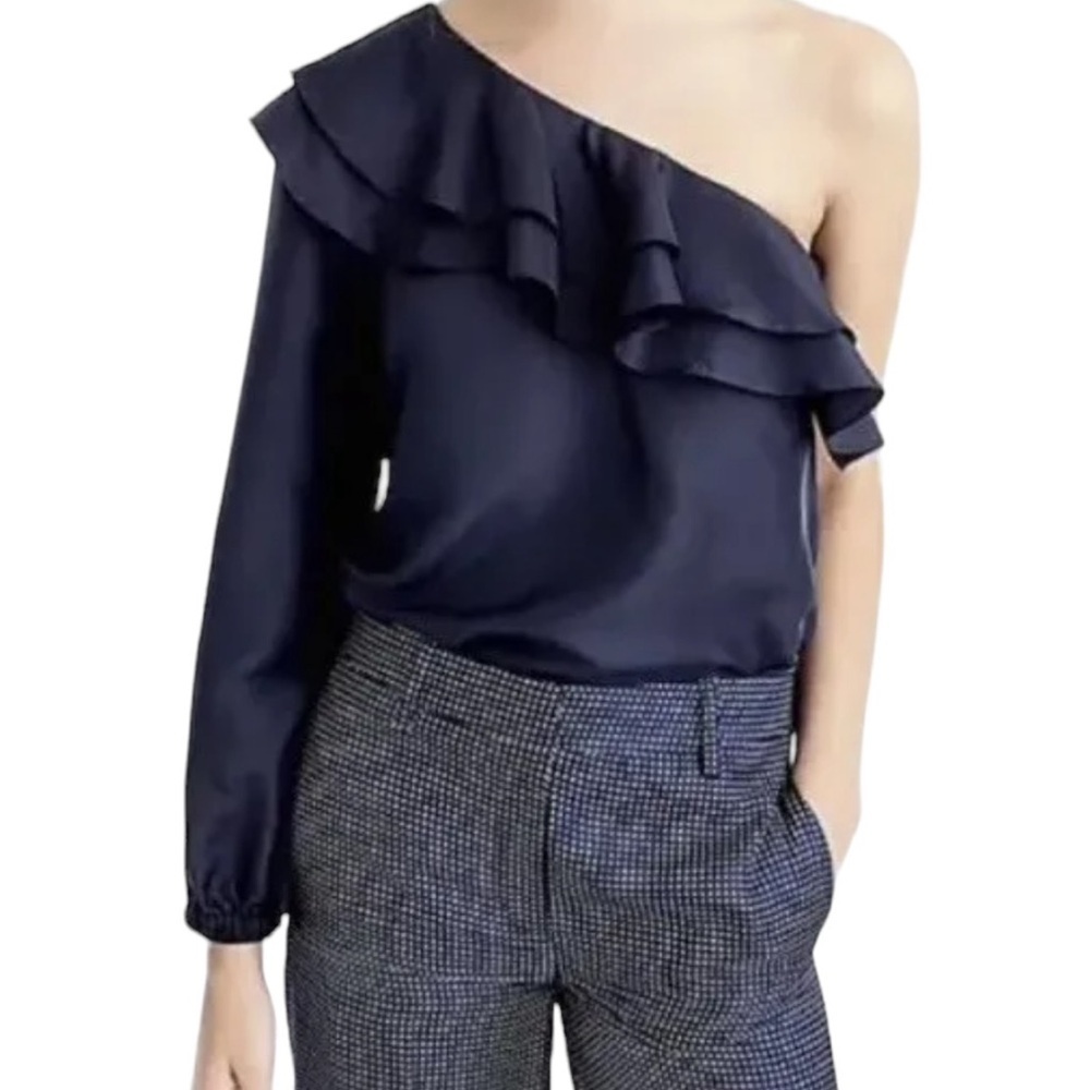 J. Crew Navy Silk One Shoulder Ruffle Neck Blouse Top Size 2
